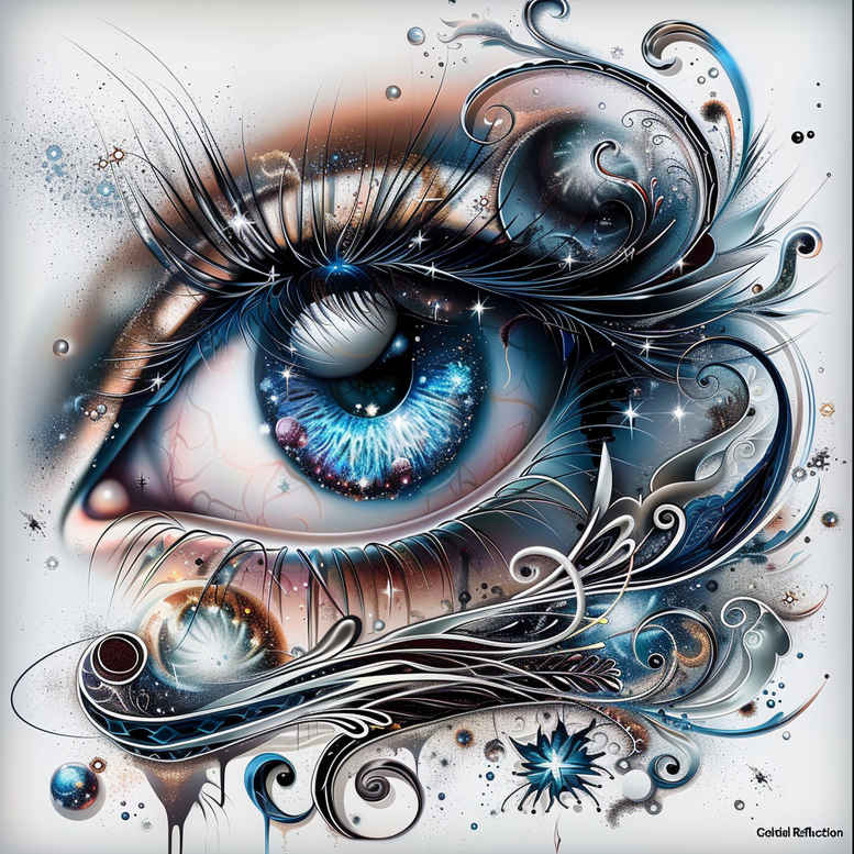 Close-up of a blue eye with black ornamental swirls and floral filigree; tattoo design concept, color detail, and potential inspiration for cover-up.