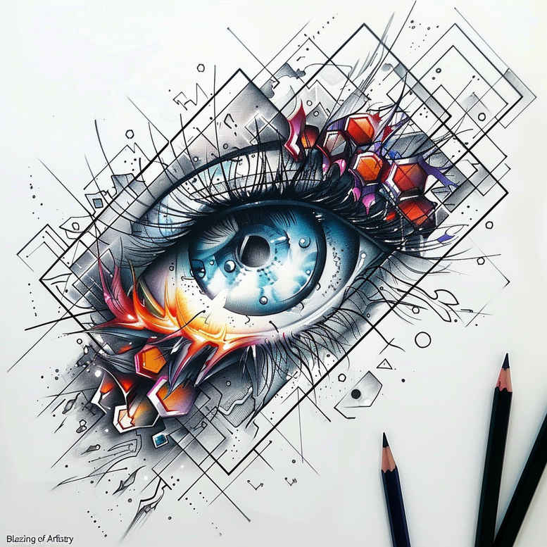 Eye tattoo design featuring blue iris, flower and pencil with angular geometric patterns; black and grey ink; project concept, not ideal for cover-up.