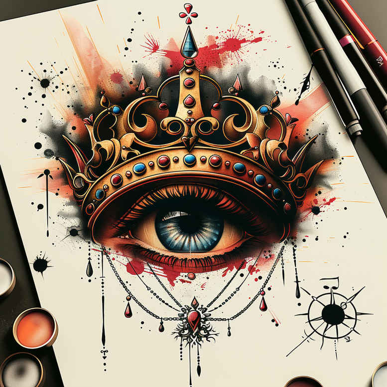 Eye, crown, jewel, chain, drip in color with black and grey shading; project idea, cover-up friendly.
