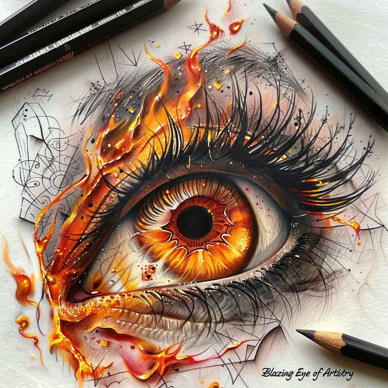Eye with orange flames around iris; color tattoo design concept; project idea; not primarily a cover-up.