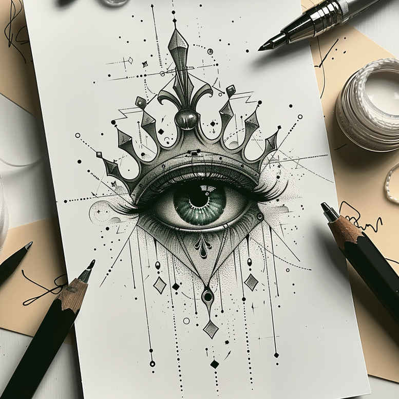 Eye, crown, ink bottle, pen, pencil, and paper in black and grey ink; tattoo design idea, suitable for a cover-up.