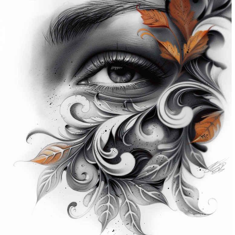 Eye with ornamental black and grey swirls, orange petals, and leaves; a cover-up tattoo design concept (AI-generated project).