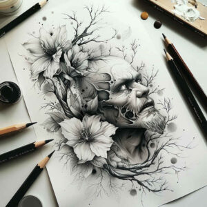 face-with-feathers – tattoo design ideas free ai generated – anatomical-accuracy – for-scapula – Gallery: faces-inkby-ai