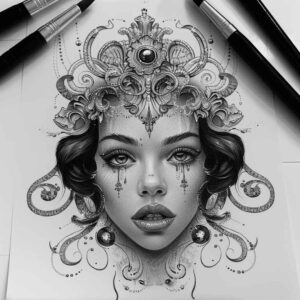 face-with-feathers – tattoo design ideas free ai generated – sharp-focus – for-nape – Gallery: faces-inkby-ai