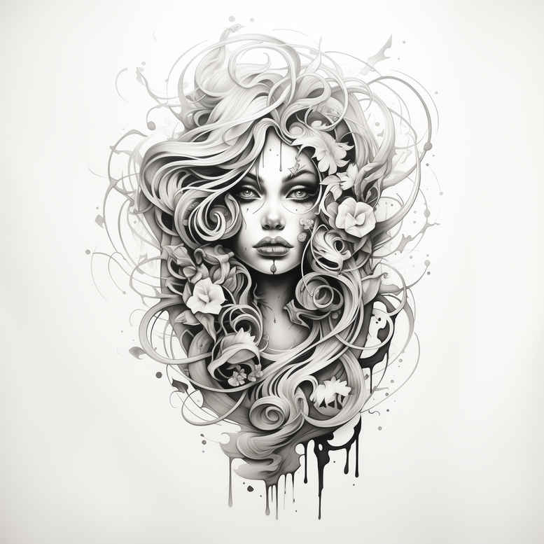 face-with-flowers – tattoo design ideas free ai generated – crisp-detail – for-chest – Gallery: faces-inkby-ai