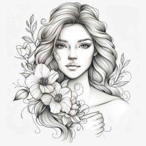 face-with-flowers – tattoo design ideas free ai generated – depth-shading – for-neck – Gallery: faces-inkby-ai