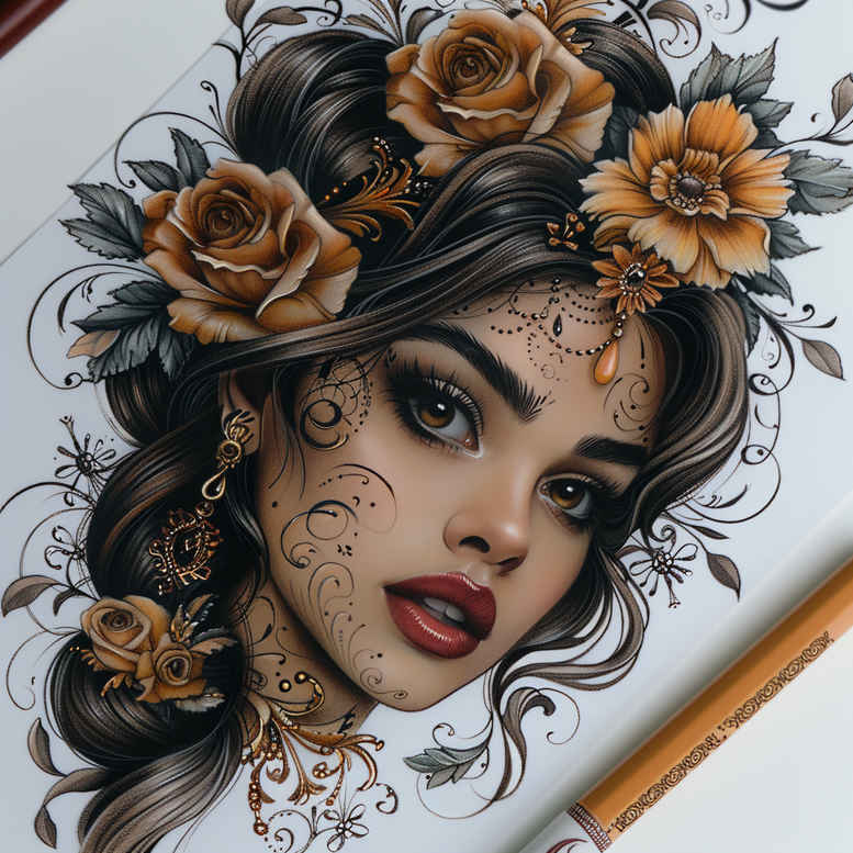 face-with-halo – tattoo design ideas free ai generated – smooth-complexion – for-upper-shoulder – Gallery: faces-inkby-ai
