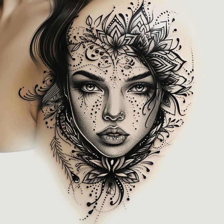 face-with-shadow – tattoo design ideas free ai generated – digital-realism – for-lower-leg – Gallery: faces-inkby-ai