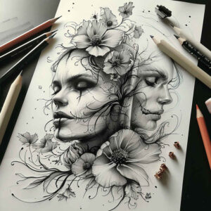 female-face – tattoo design ideas free ai generated – soft-contrast – for-collarbone – Gallery: faces-inkby-ai