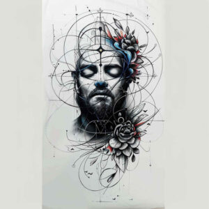 frontal-face – tattoo design ideas free ai generated – glowing-edges – for-upper-chest – Gallery: faces-inkby-ai