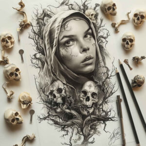 portrait – tattoo design ideas free ai generated – textured-light – for-lower-back – Gallery: faces-inkby-ai