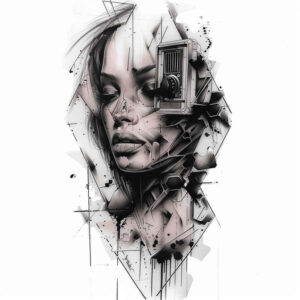 surreal-face – tattoo design ideas free ai generated – clean-lines – for-ribs – Gallery: faces-inkby-ai