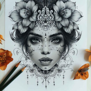 surreal-face – tattoo design ideas free ai generated – moist-gloss – for-collarbone – Gallery: faces-inkby-ai