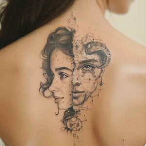 symbolic-face – tattoo design ideas free ai generated – illusion-of-depth – for-elbow – Gallery: faces-inkby-ai