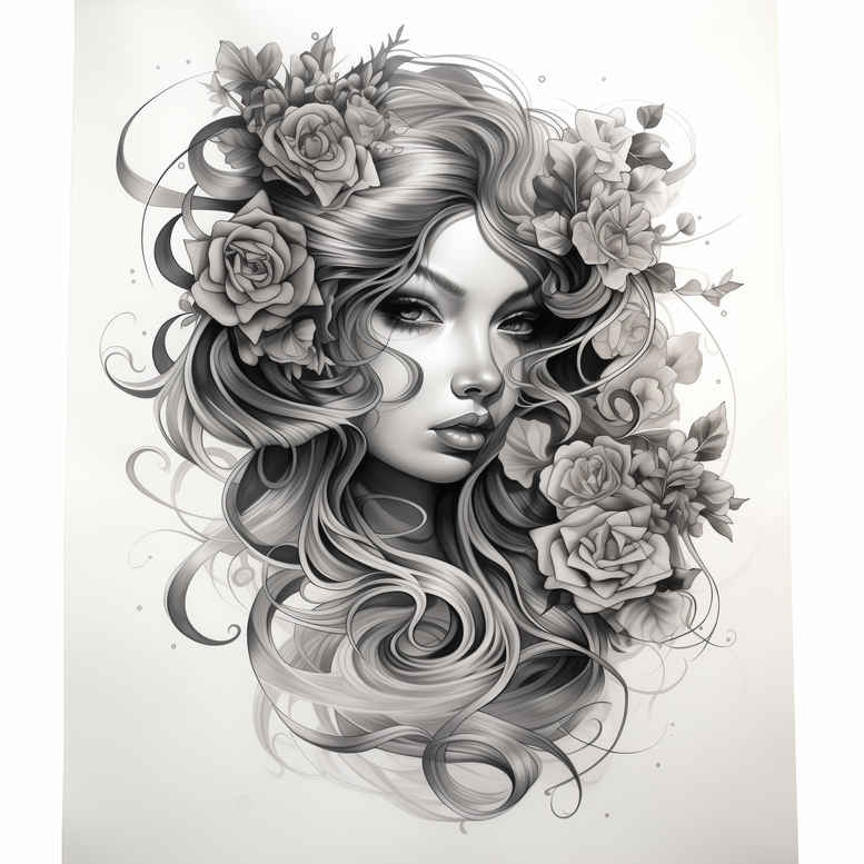 Realistic black and grey portrait of a woman with flowing hair and roses, a tattoo design idea; cover-up-friendly option.