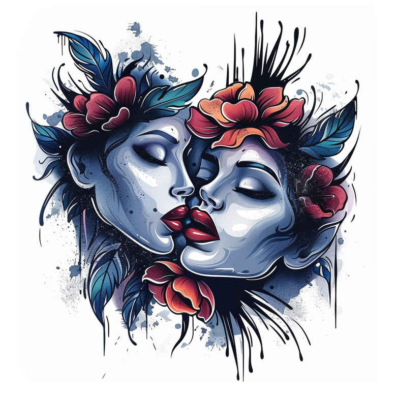 Two blue-toned faces kissing among red roses, blue leaves, and watercolor splashes; project idea for a tattoo design; suitable for cover-up.
