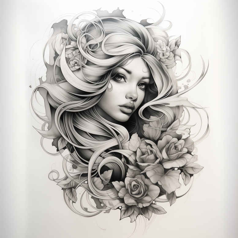 Black and grey tattoo design of a female portrait with flowing hair and roses; project idea, not specifically optimized for cover-up.