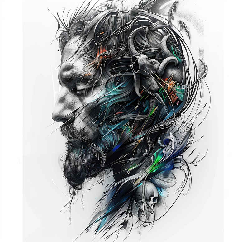 Face profile, hair, beard, linework, color accents in blue and teal; black and grey tattoo project; AI-generated; ideal cover-up.