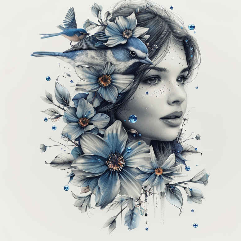 Portrait of a woman with blue flowers flowing around her head in grayscale, a tattoo design concept with watercolor accents, suitable for cover-ups.