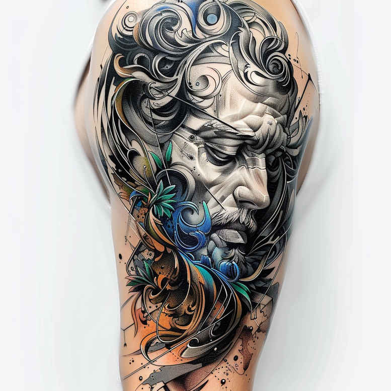 Face and flowing hair in black and grey, with blue bird and floral accents; a tattoo design concept, suitable for a cover-up.