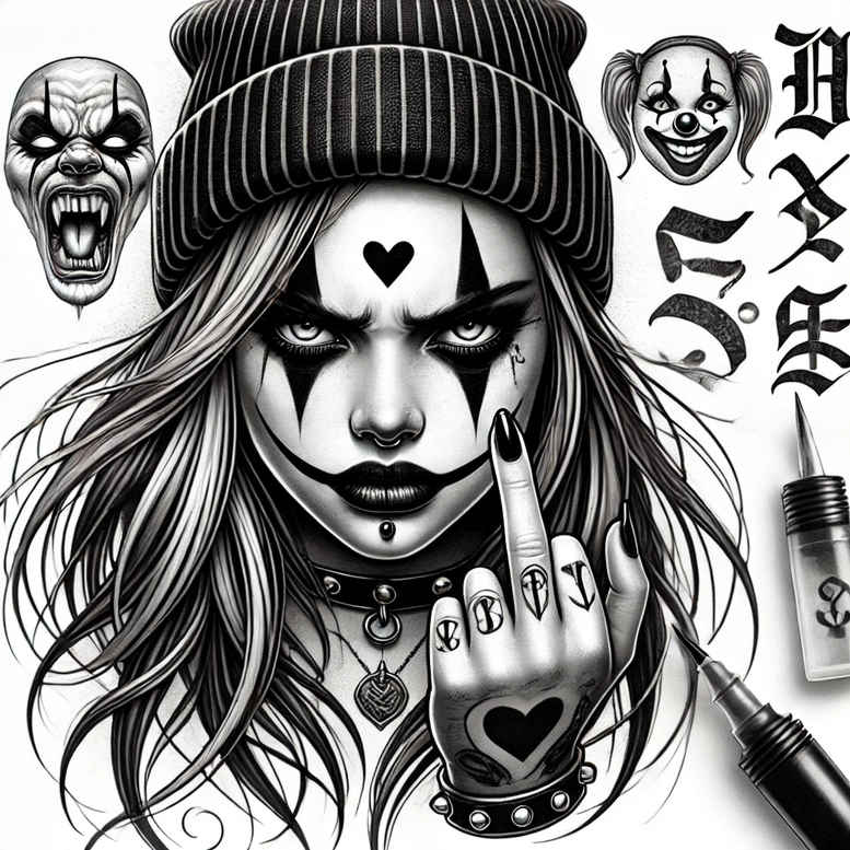 Gothic face portrait with beanie, long hair, middle finger gesture, glove with heart, and kanji script in black and grey; AI-generated tattoo project for cover-up.