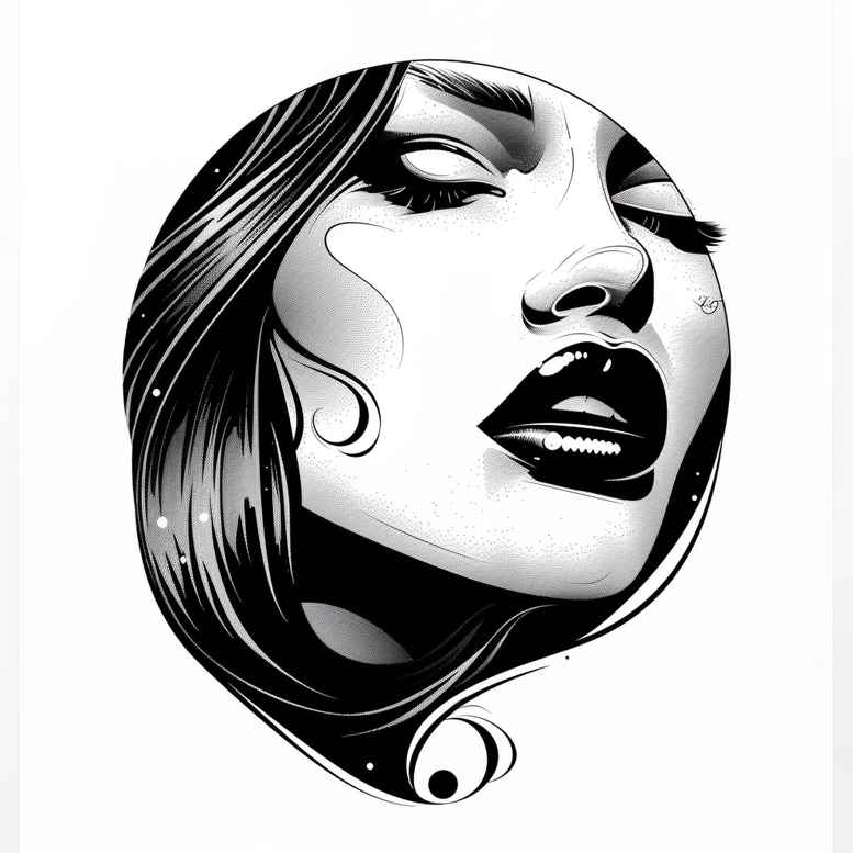 Face with lips and hair in black and grey linework; a portrait-style tattoo project idea, suitable for cover-up.
