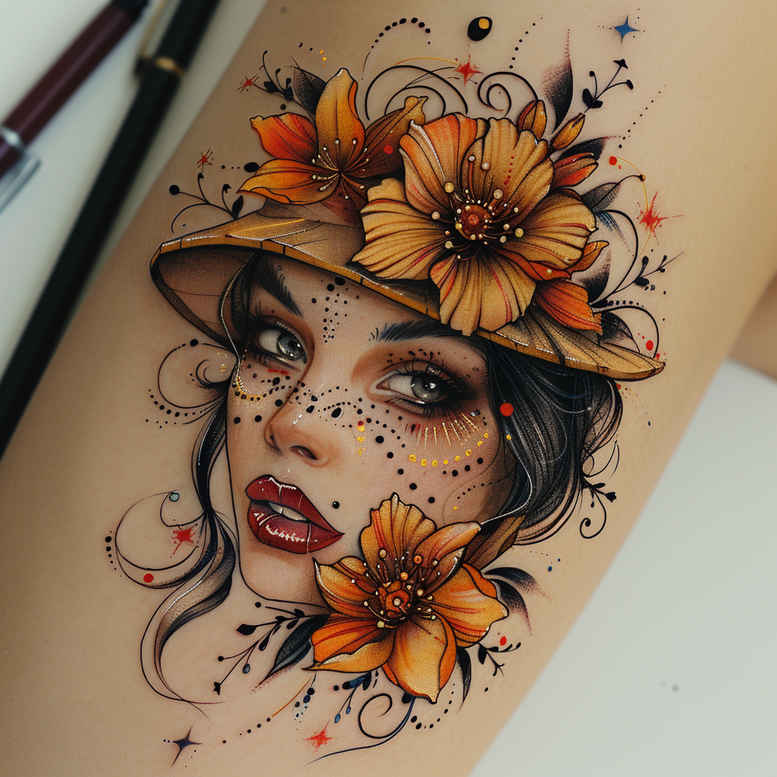Colored tattoo design of a woman's face with an orange sunflower crown, black and grey shading; project idea; suitable for cover-up.