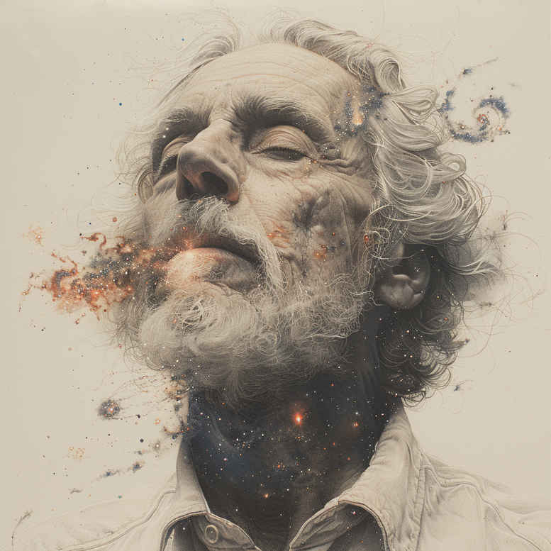 Man, beard, and hair in black and grey; shirt visible; project idea for tattoo design; not specifically for cover-up.