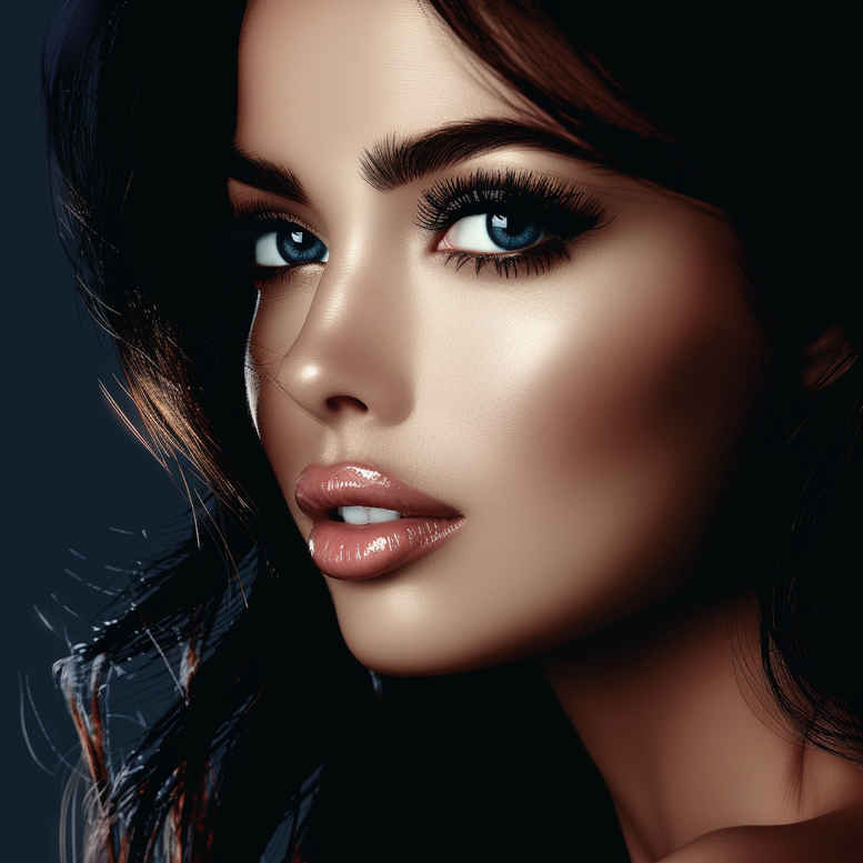 Face, eyes, lips, hair, makeup; black and grey tones; AI-generated tattoo project idea; not suitable for cover-up.