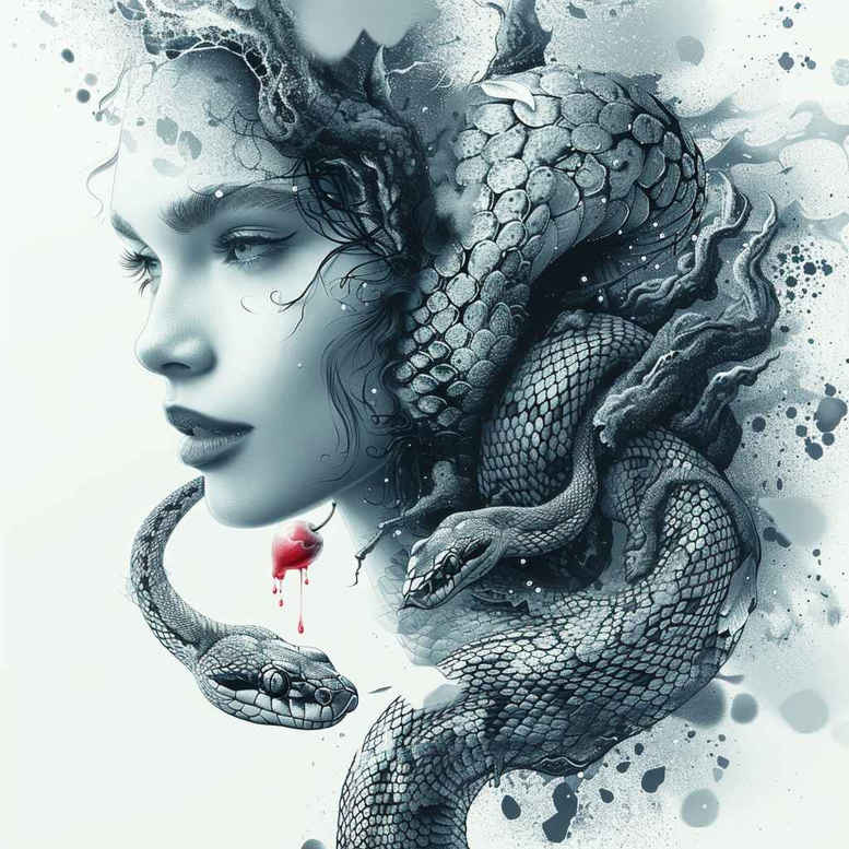 Woman portrait with Medusa snakes, coiled around the neck in black and grey ink; cover-up ready tattoo idea.