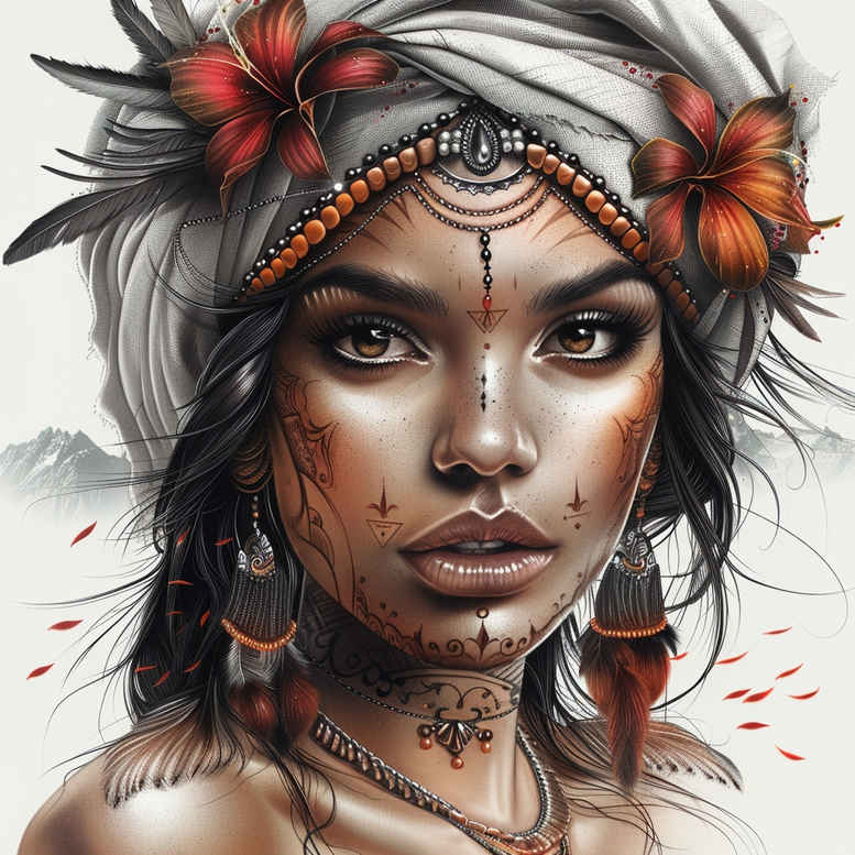 Portrait of a woman with a red flower crown, beaded headpiece, and facial tattoos in color; AI-generated tattoo project concept; cover-up: no.
