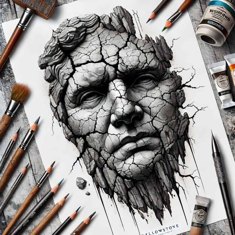 Cracked grayscale portrait with facial fissures, surrounded by pencils, brushes, and an ink bottle; project idea for cover-up.
