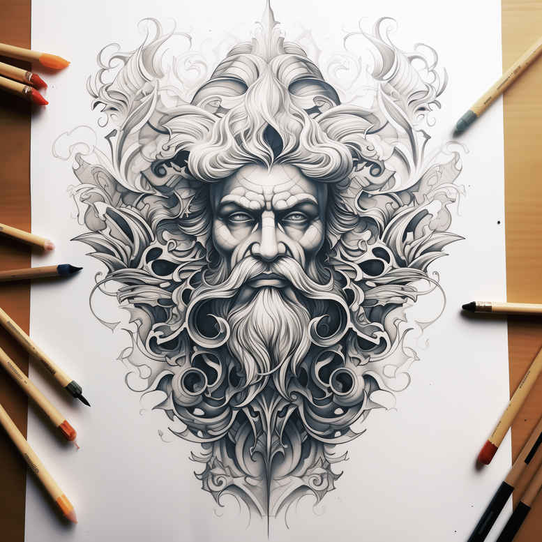 Man with flowing hair and beard, surrounded by ornate floral pattern in black and grey; tattoo project idea, cover-up ready.