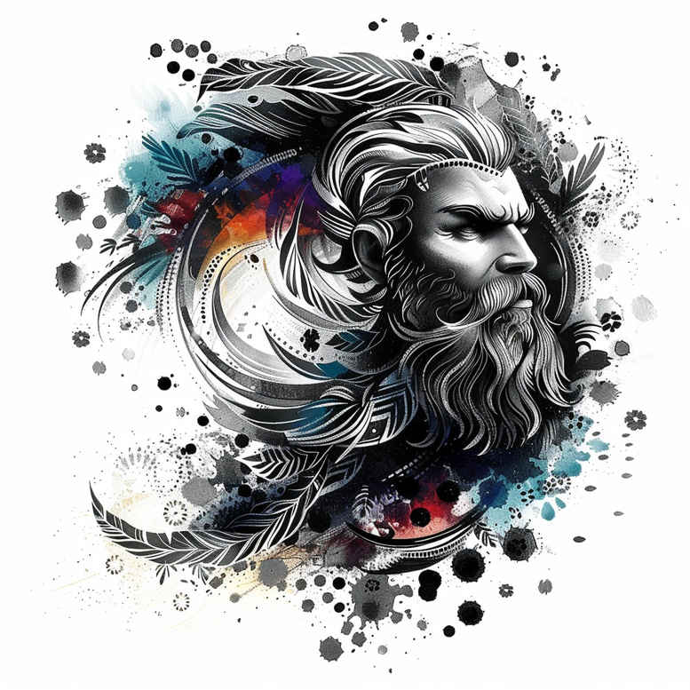 Portrait of a bearded man with flowing hair in black and grey, accented by watercolor splashes in blue, red, and yellow; ink splatters; tattoo design concept and cover-up friendly.