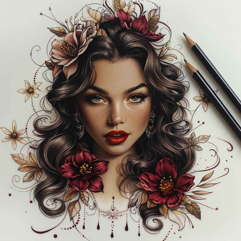Portrait of a woman with dark hair and red roses, daisies, and leaves in a color tattoo concept; pattern-focused design, project idea; cover-up not ideal.