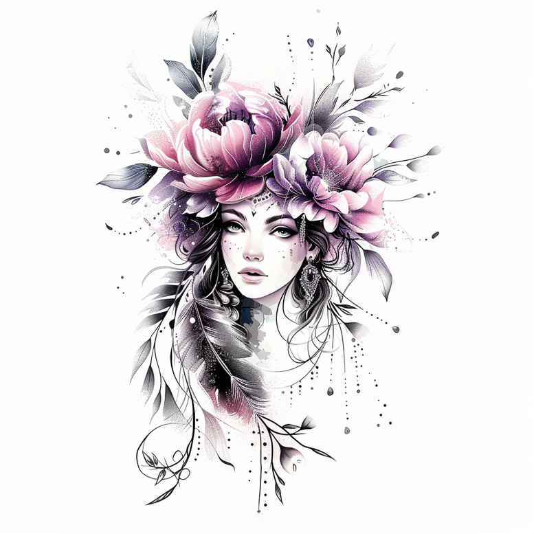 Portrait of a woman with a floral crown rendered in black and grey with pink watercolor accents; tattoo project idea, suitable for cover-up.