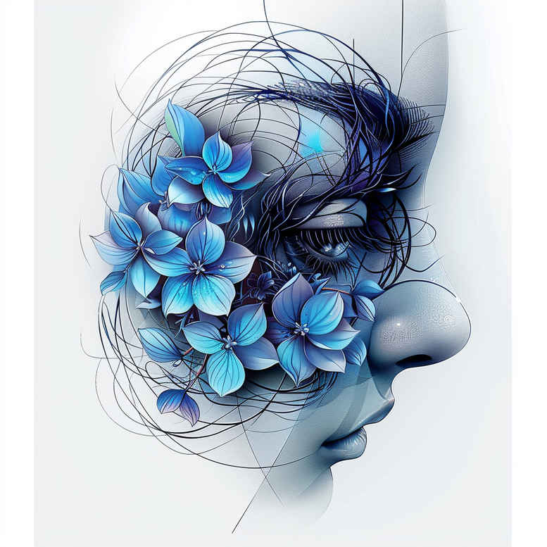 Face profile with blue flower cluster and flowing linework, hair accents; color tattoo design idea; project concept suitable for a cover-up.