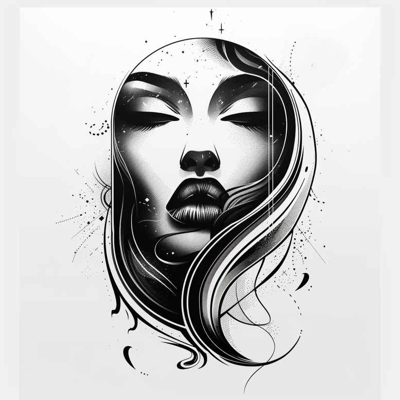 Face and hair portrait with circular motifs in black and grey; AI-generated tattoo project idea, cover-up suitable.