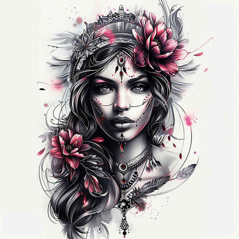 Portrait of a woman with flowing hair, floral crown, and necklace; black and grey tattoo design concept with pink roses; AI-generated tattoo project; not ideal for cover-up.
