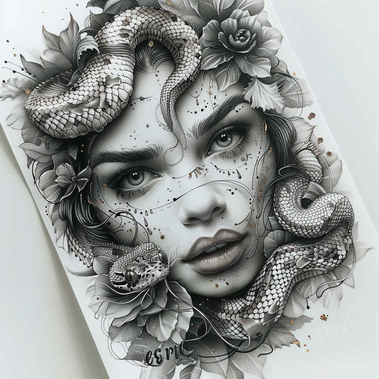 Face, snake, and flowers in black and grey; tattoo project idea for cover-up.