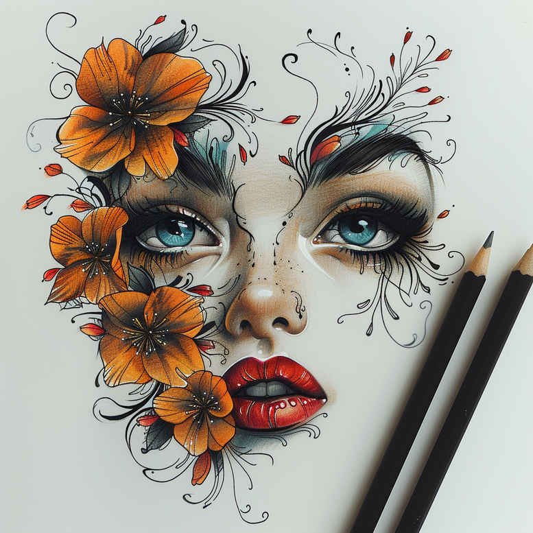 Colorful floral face pattern with orange flowers, blue eyes, and bold red lips in fine-line ink; a tattoo design concept; not ideal for cover-up.
