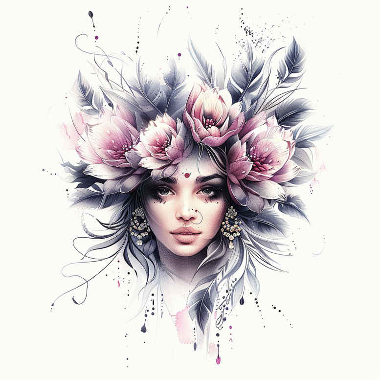 Portrait of a face with a watercolor pink and grey flower crown; AI-generated tattoo project concept, suitable for cover-up.