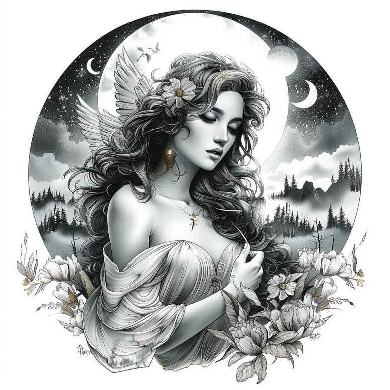 Woman portrait in black and grey with roses and leaves, crescent moon and forest backdrop; project idea; suitable for cover-up.
