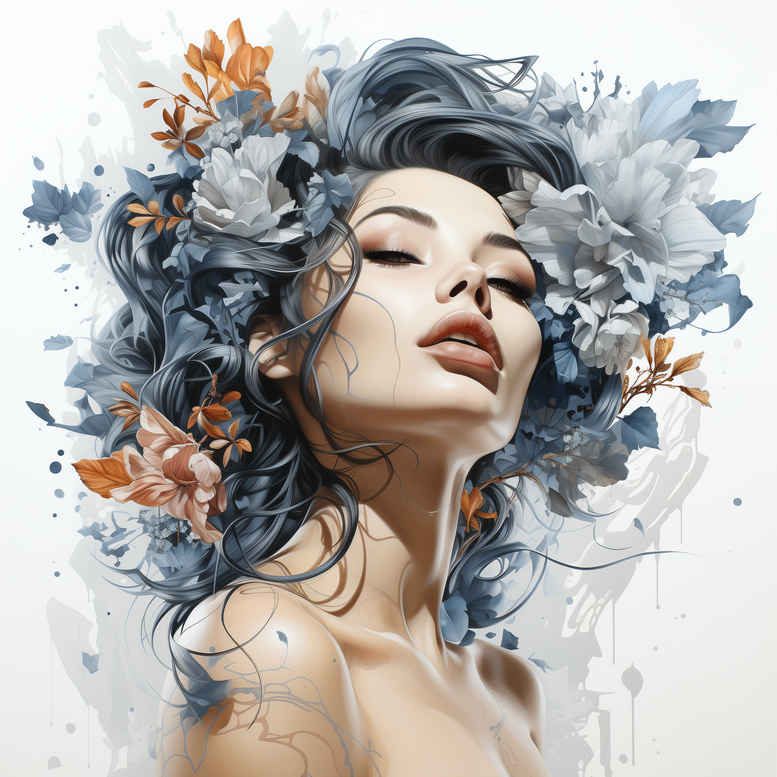 Portrait of a woman with a blue-gray floral crown in watercolor style, color tattoo design concept, suitable for a cover-up.