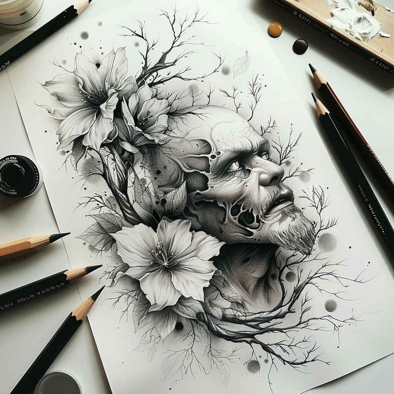 Face and flower elements in black and grey; pencil sketch tools include pencil, ink bottle, brush; tattoo design concept; cover-up suitable.