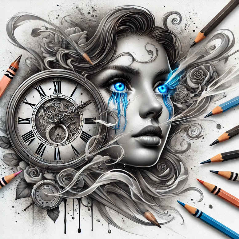 Portrait of a woman's face merging with a clock and gears in black and grey tones with blue accents; AI-generated tattoo project, cover-up ready.