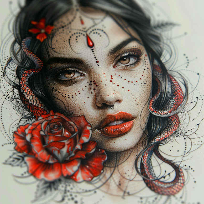 Portrait of a woman with a red rose, black and grey dotwork facial pattern, and red accents; tattoo design idea, suitable for a cover-up.