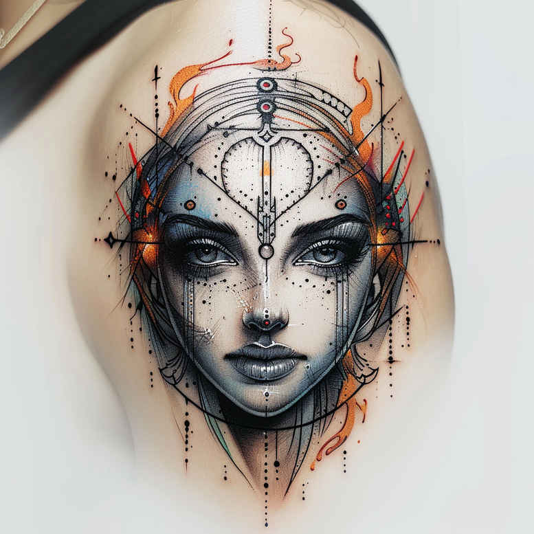 Face portrait in black and grey with geometric linework and orange accents; AI-generated tattoo project; not suitable for cover-up.
