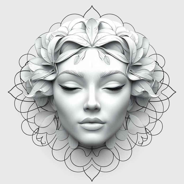 Face with a floral crown and interlaced geometric pattern in black and grey; project tattoo design concept; not specifically for cover-up.