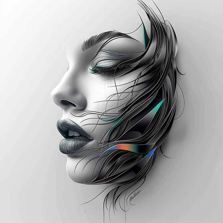 Face, hair, and linework in black and grey with teal highlights; project idea, not ideal for cover-up.